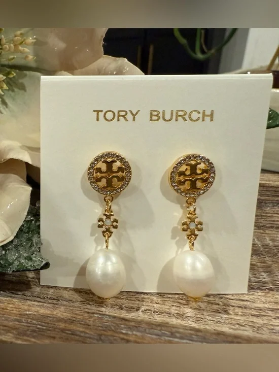 Tory Burch Gold and White Pearl Drop Earrings with Crystal Logo - Picture 1 of 1